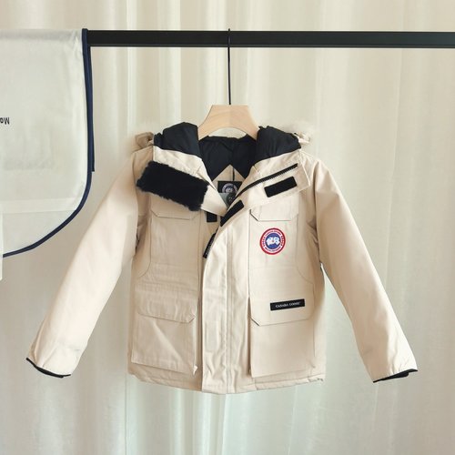 Canada Goose Unisex Kids Down Jacket - Detachable Hood & Fur Collar, White 