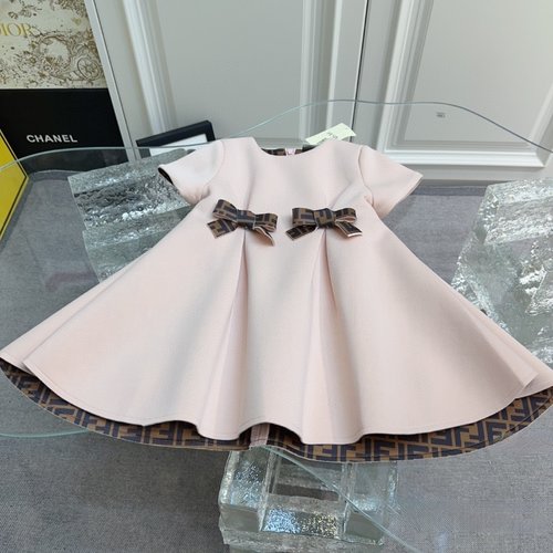 Fendi Girls Short Sleeve Letter Print Air Cotton Dress w/ Detachable Bow