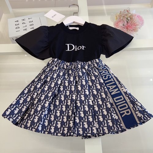 Dior Girls Cotton Dress Set with Flutter Sleeves & Pleated Skirt 