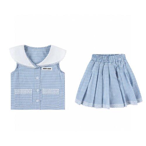 Miu Miu Girls French Blue-White Gingham Lace 2-piece Set