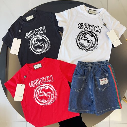 Gucci Kids Unisex Set: Cotton Tee & Webbing Denim Shorts