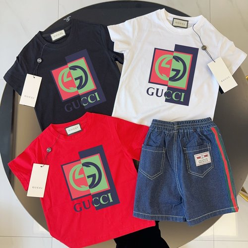Gucci Kids Premium Outfit: Cotton Tee & Webbing Denim Shorts 