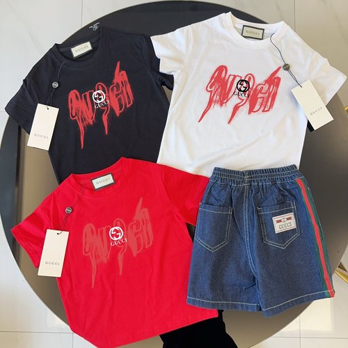 Gucci Kids Unisex Cotton T-Shirt & Webbing Denim Shorts Set 