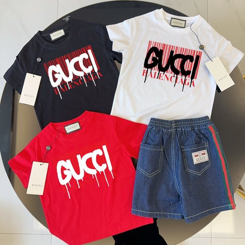 Gucci Unisex Kids Cotton Tee & Webbing Denim Shorts Set