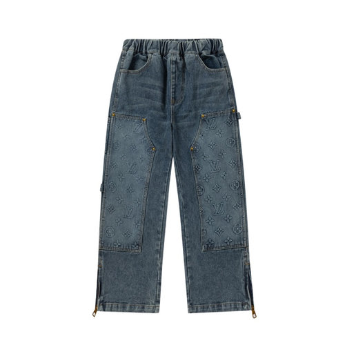 LV Kids Washed Denim Jeans: Loose Fit, Monogram & Suede Accents 