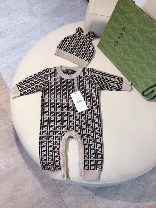 Fendi Unisex High-end Baby Romper Set with Knit Hat, Cotton Open Crotch