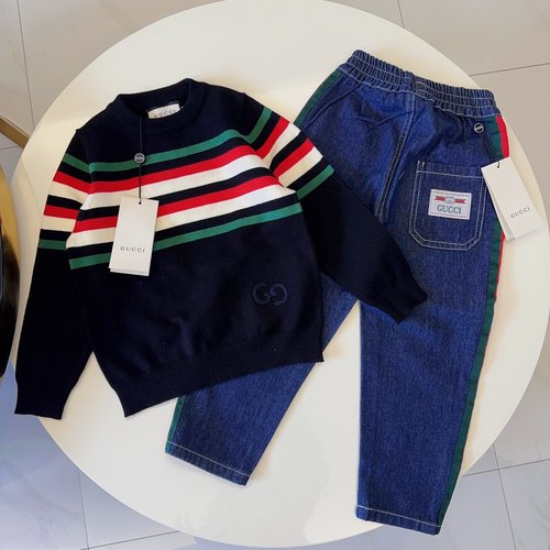 Gucci Kids Unisex Set: Crewneck Sweater & Striped Denim Pants 