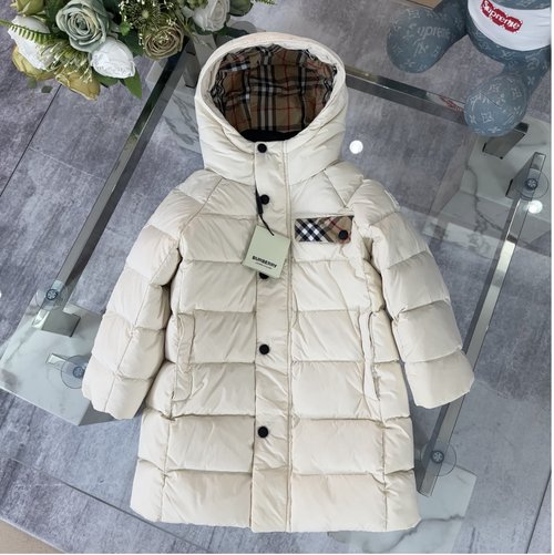 Burberry Unisex Kids Mid-Length Hooded Down Jacket with Stripes & Buttons