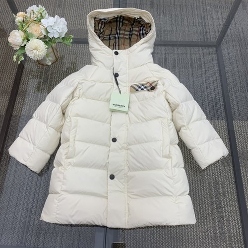 Burberry Kids Hooded Mid-Length Striped Down Jacket With Metal Buttons
