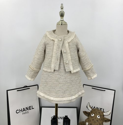 Chanel Luxury Girls Tweed Coat & Pinafore Dress Set 