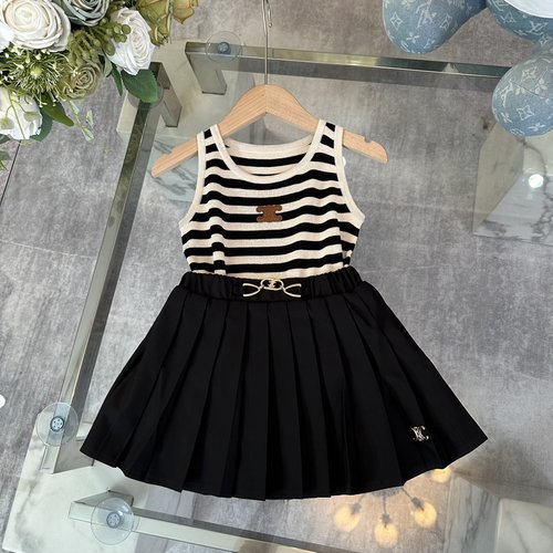 Celine Girls Ice Silk Striped Tank & Pleated Skirt Set