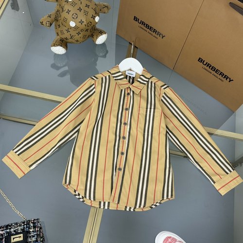 Burberry Kids Vintage Striped Checked Cotton Shirt w/ Curved Hem & Single-Button Cuffs