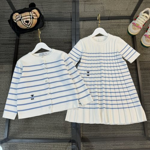 Dior Girls Striped Wool Blend Dress Set with Bee Embroidery 