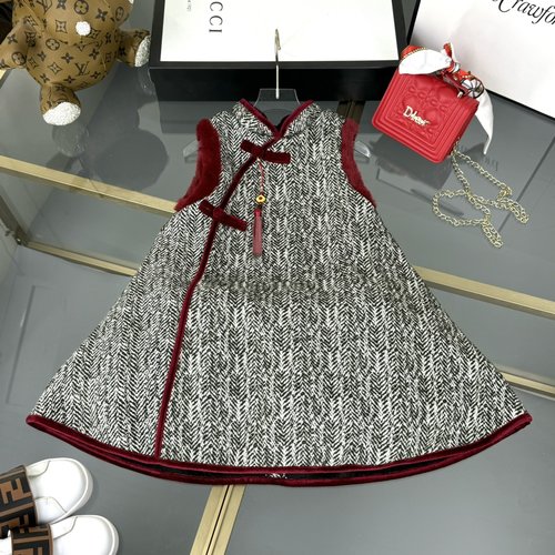 Chanel Chinese Style Girls Wine Red Wool Blend Padded Dress