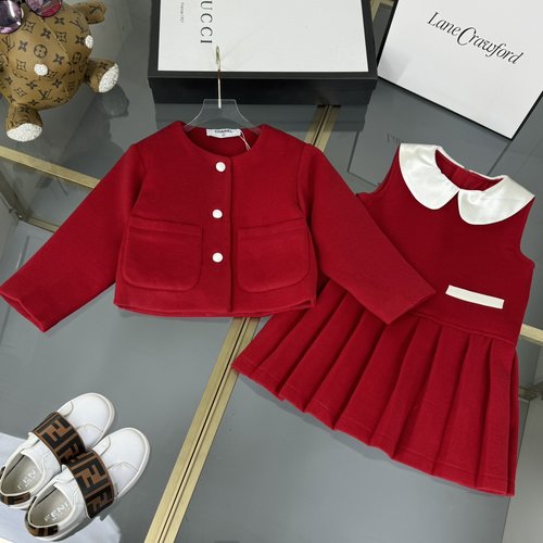 Chanel Girls Red Wool Coat & Pleated Pinafore Dress Set