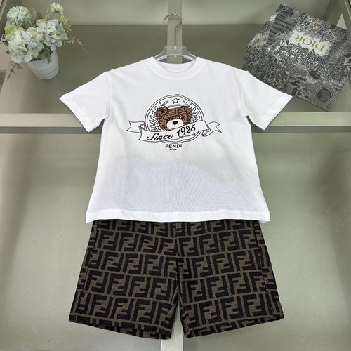 Fendi Premium Kids Cotton Set: Graphic Tee + Shorts, White Navy