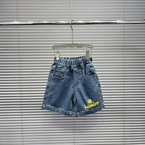 Balenciaga Unisex Kids Blue Washed Denim Shorts with Yellow Logo Embroidery