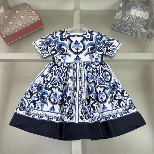 D & G Girls Blue & White Floral Linen-Cotton Dress