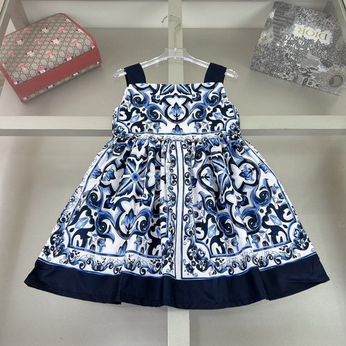 D & G Girls Blue & White Porcelain Floral Linen-Cotton Sundress 