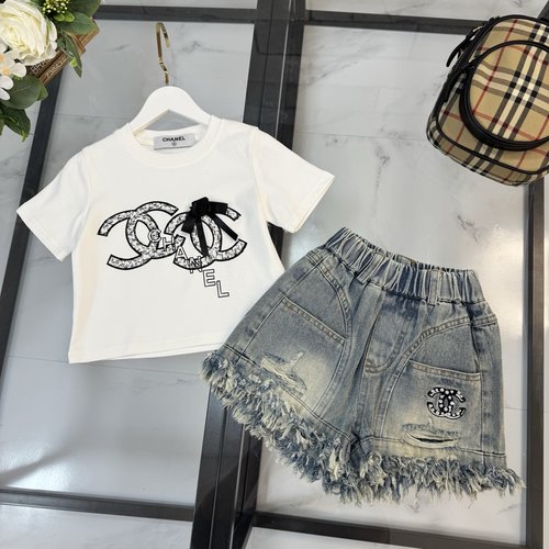 Chanel Girls Premium Cotton Set with Logo & Denim Shorts