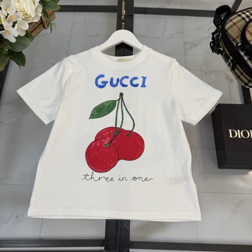 Gucci Kids Cherry Cartoon Front & Back Print Cotton T-Shirt
