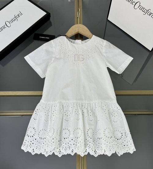D & G Girls White Woven Cotton A-Line Dress with Lace Hem 