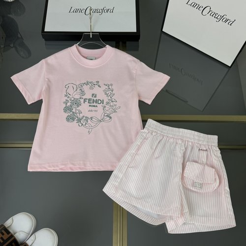 Fendi Girls Vacation Pink Set: Embroidered Tee & Striped Pants