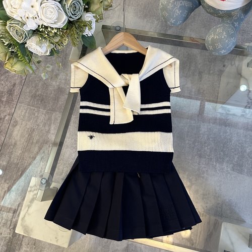 Dior Girls Luxury Skirt Set with Embroidered Naval Cape & Contrast Design