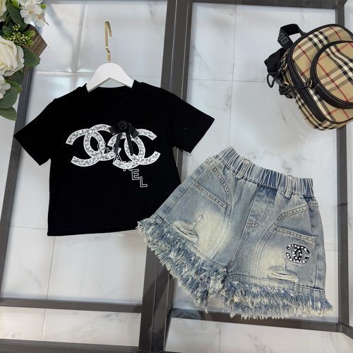 Chanel Girls Premium Cotton Outfit with Logo & Denim Shorts