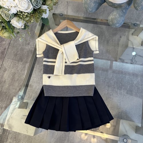 Dior Girls Embroidered Navy Shawl Color Block Slim Dress Set 