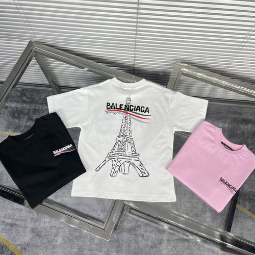Balenciaga Unisex Kids Cotton T-Shirt Wave Eiffel Print 