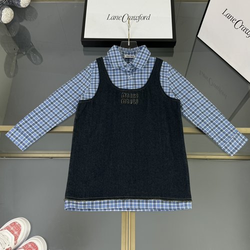 Miu Miu Fresh Stylish Girls Denim Fake Two-Piece Long Sleeve Dress