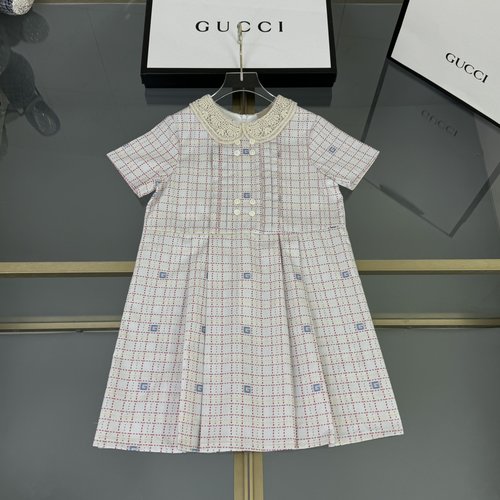 Gucci 80-Count Sateen Girls Dress Gray-Blue Check Lace