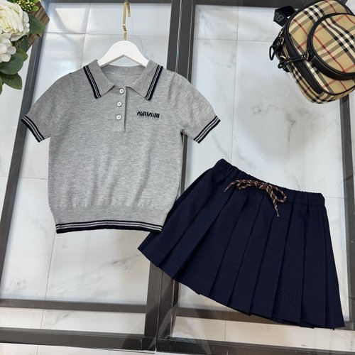 Miu Miu Girls Color-Block Collar Cotton Skirt Set with Embroidery Logo 