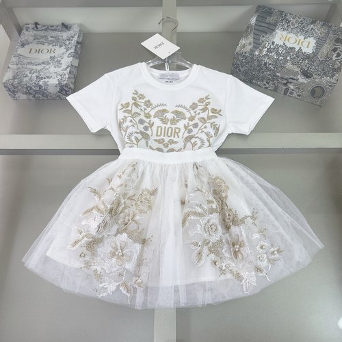 Dior Girls Luxury Dress Set: Handcrafted Gold-Embroidered Tee & Tulle Skirt
