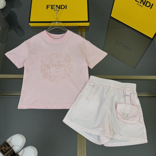 Fendi Girls Embroidered Pink Tee & Striped Pants Set Lazy Vacation Style