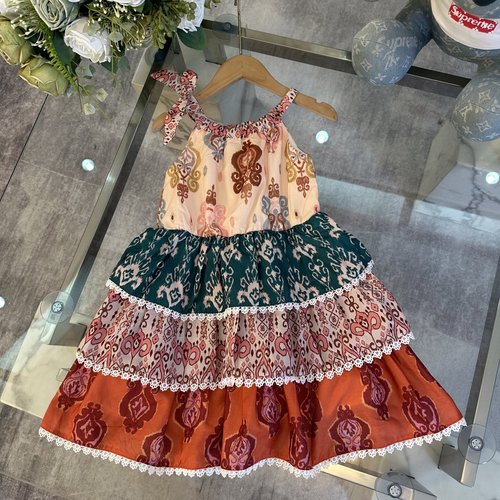 D & G Girls Linen-like Dress with Digital Print & Cotton Lining