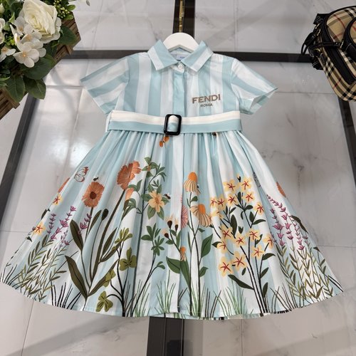 Fendi Girls Floral Button-Front Princess Dress with Belt & Logo 