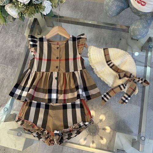 Burberry Girls Plaid Set with Flutter Sleeves, Woven Cotton