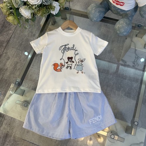 Fendi Kids Animal Graffiti Print Cotton Top & Striped Shorts Set 