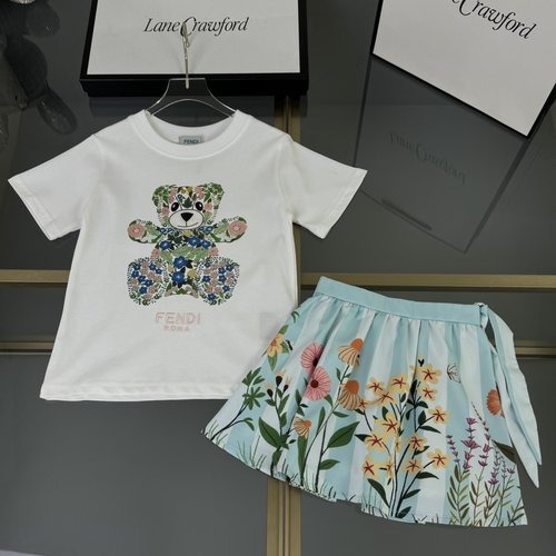 Fendi Girls Cotton Skirt Set - Colorblock Embroidered Tee & Elastic Skirt
