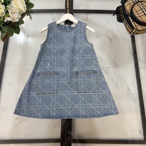 Dior Girls Premium Denim Pinafore Dress (Custom Check, Washed)