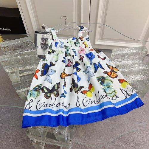 D & G Girls High-End Butterfly Print Linen-Cotton Dress 