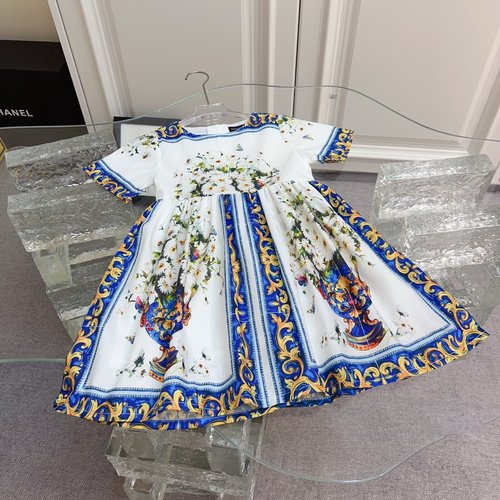 D & G Girls High-End Linen-Cotton Dress with Blue & White Porcelain Design