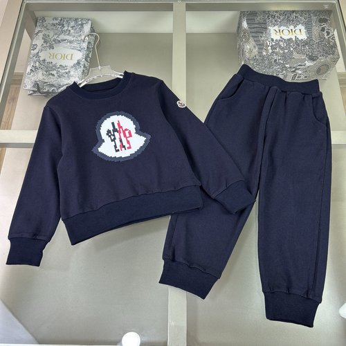 Moncler Kids Navy Blue Logo Sweatshirt Set Cotton French Terry