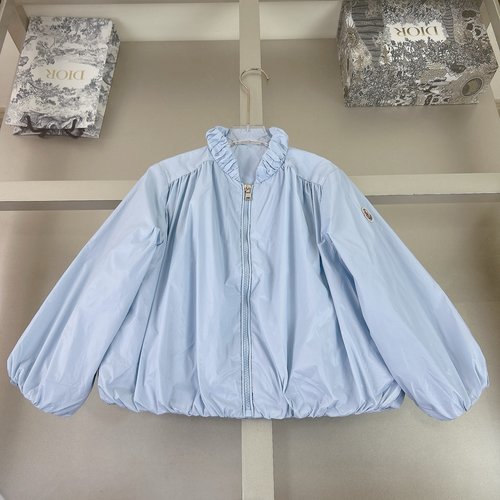 Moncler Girls Light Blue Ruffled Collar Short Nylon Coat