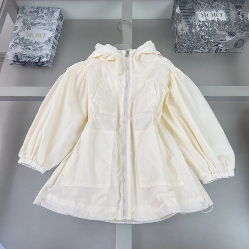 Moncler Girls Mid-Length Waterproof Trench Coat with Ruffled Hood & Sleeves 