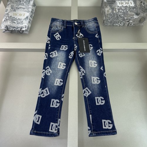 D & G Unisex Kids Washed Jeans with Custom Hem Print & Leather Logo