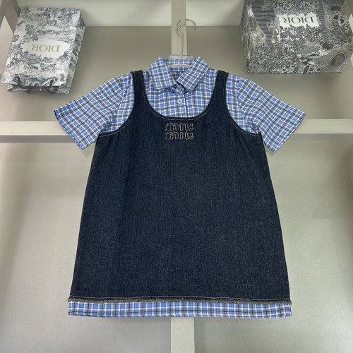 Miu Miu Girls Washed Blue Fake Two-Piece Dress with Applique Embroidery