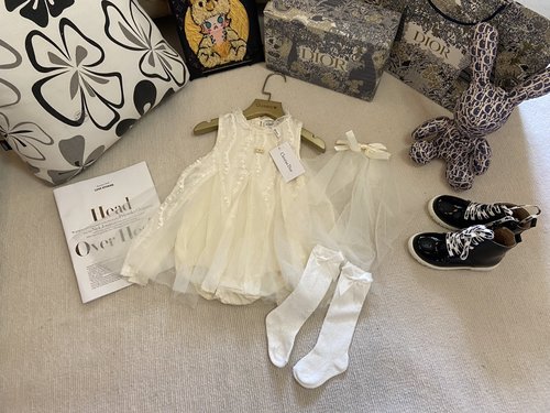 Dior Baby Girl Cotton Romper Dress Set with Socks & Veil